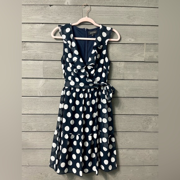 SALONI Dresses & Skirts - SALONI Flowy Sleeveless Navy Ruffle Wrap Dress with White Polkadots Sz 4